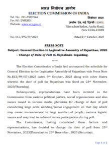 ECI revises schedule for Rajasthan elections