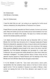 Rahul letter on Prajwal Revanna