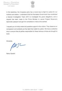 Rahul letter on Prajwal Revanna