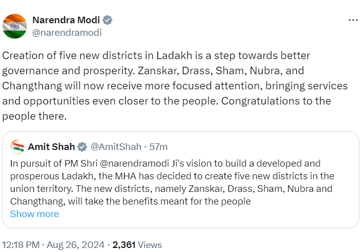 PM Tweet on laddhakh new 5 district