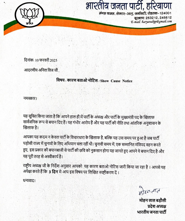 Bjp Notice to Anil Vij