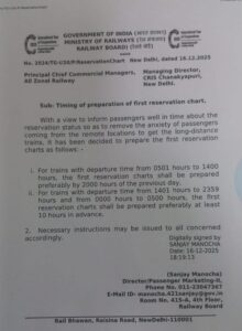 Rail Reservation Chart Timing Change