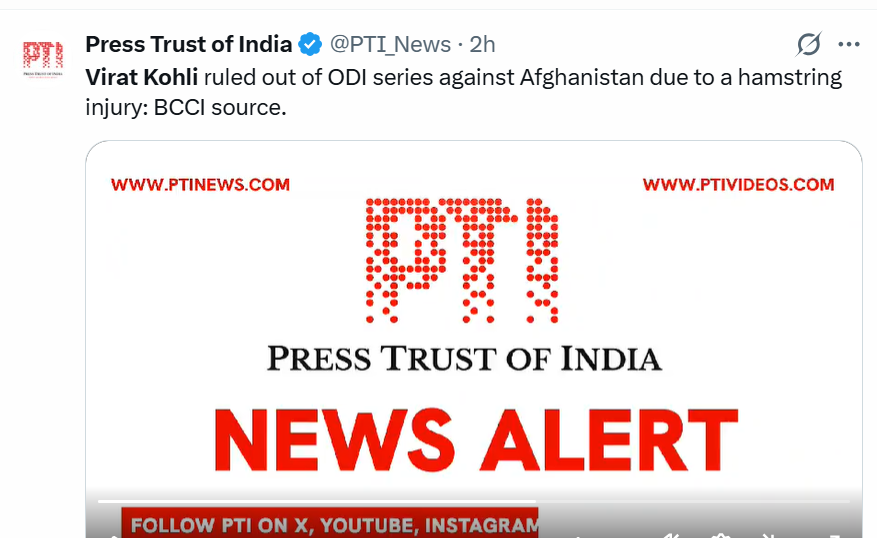 Virat Kohli ruled out of ODI series against Afghanistan