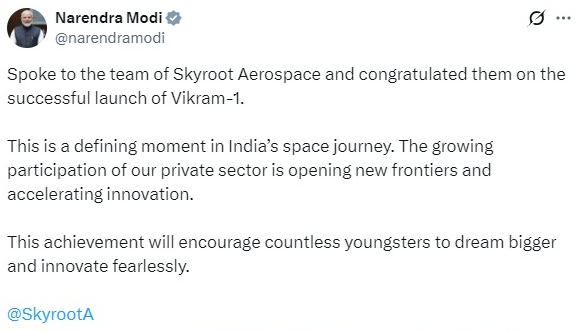 PM Narendra Modi congratulates Skyroot Aerospace
